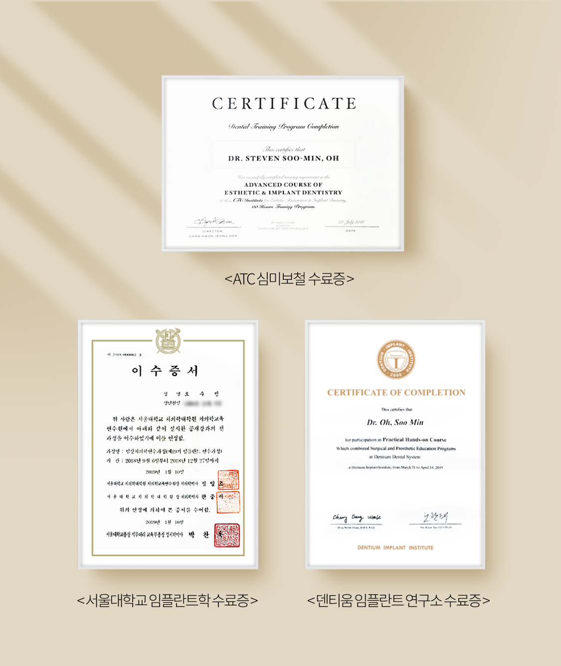 ATC 심미보철 수료증, 서울대학교 임플란트학 수료증, 덴티움 임플란트 연구소 수료증
